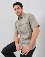 Regular Short Sleeve Double Pocket Cotton Cream Shirt