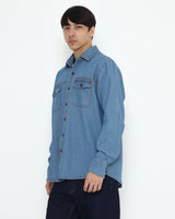 Men's Blue Denim Long-Sleeved Shirt