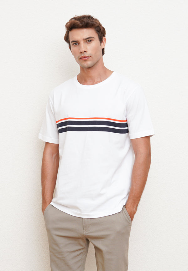 White  Men's Short Sleeve T-Shirt with Contrasting Striped Print