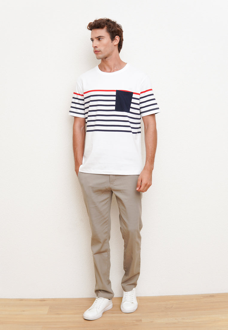 White Men's Short Sleeve T-Shirt with Striped Pattern