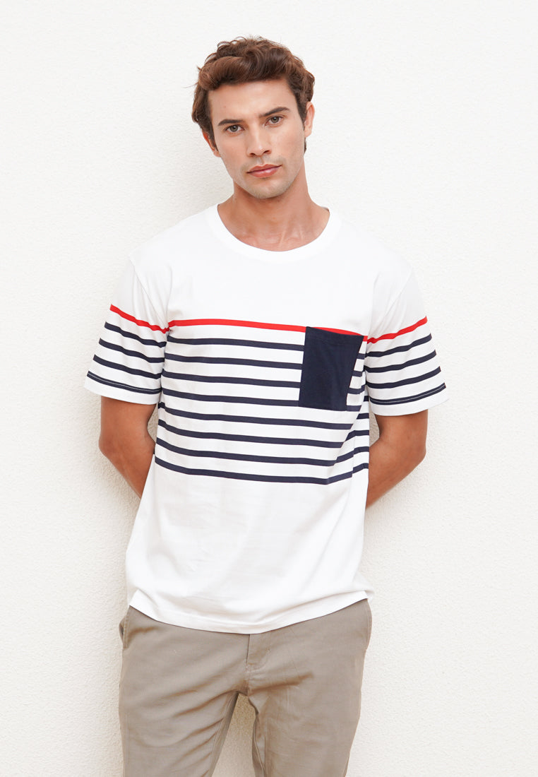 White Men's Short Sleeve T-Shirt with Striped Pattern