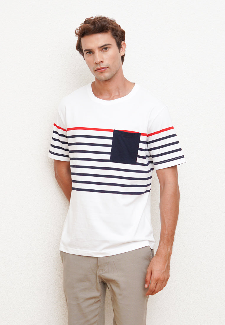 White Men's Short Sleeve T-Shirt with Striped Pattern