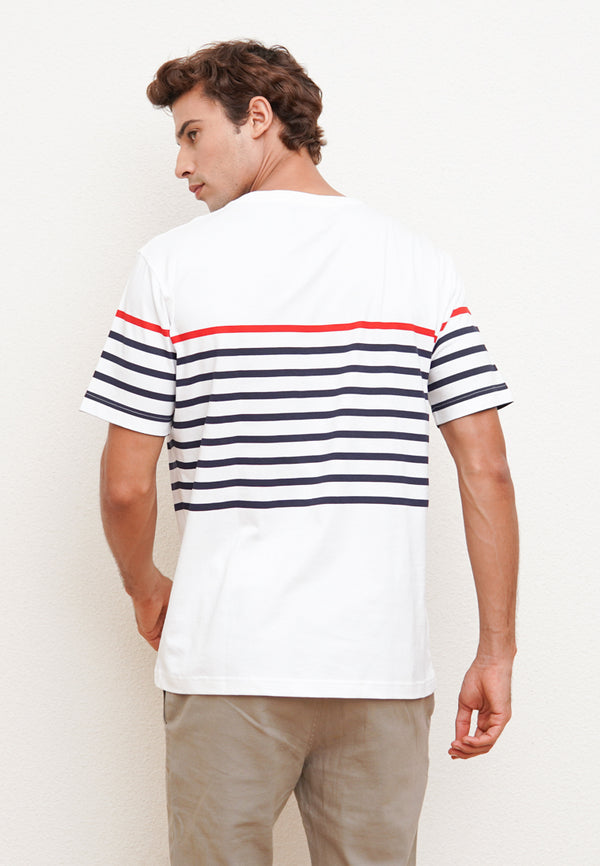 White Men's Short Sleeve T-Shirt with Striped Pattern