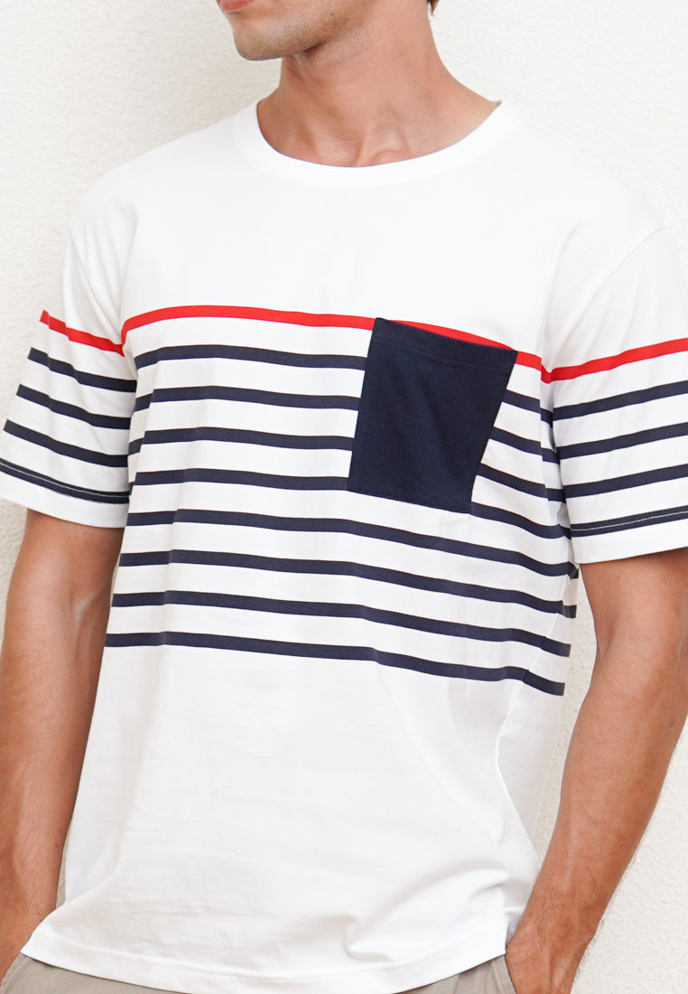 White Men's Short Sleeve T-Shirt with Striped Pattern