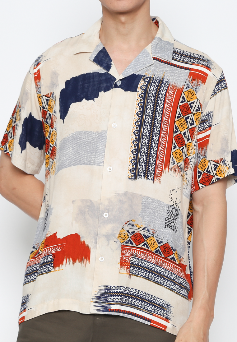 Men'S Short Sleeve Navy Shirt With Abstract Pattern