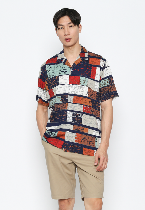 Short Sleeve Shirt With Full Blue Pattern