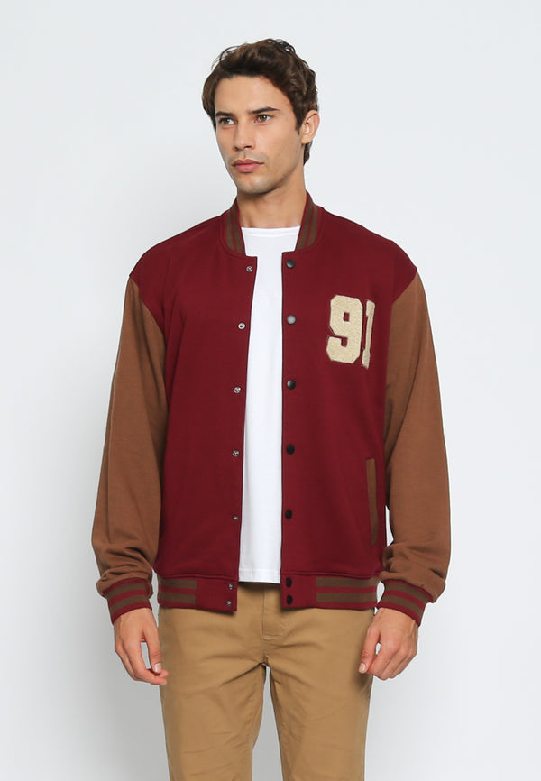 Maroon Varsity Jacket with '91' Embroidery Detail