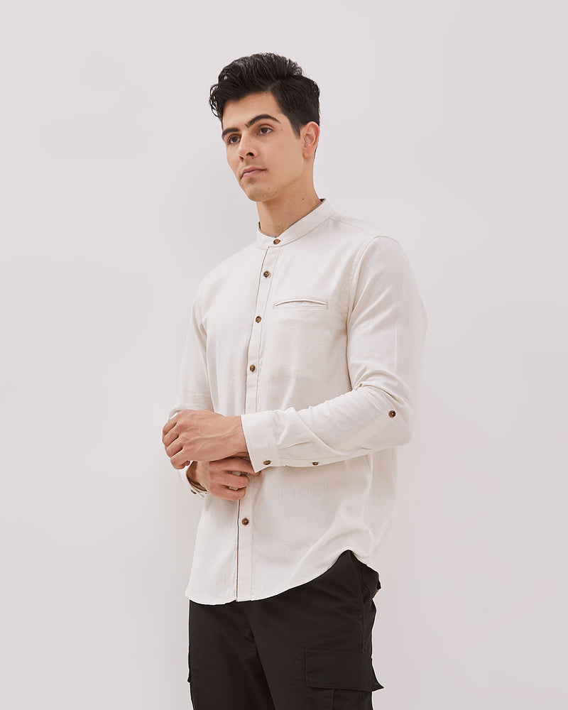 Shanghai Collar Cream Long Sleeved Regular Shirt