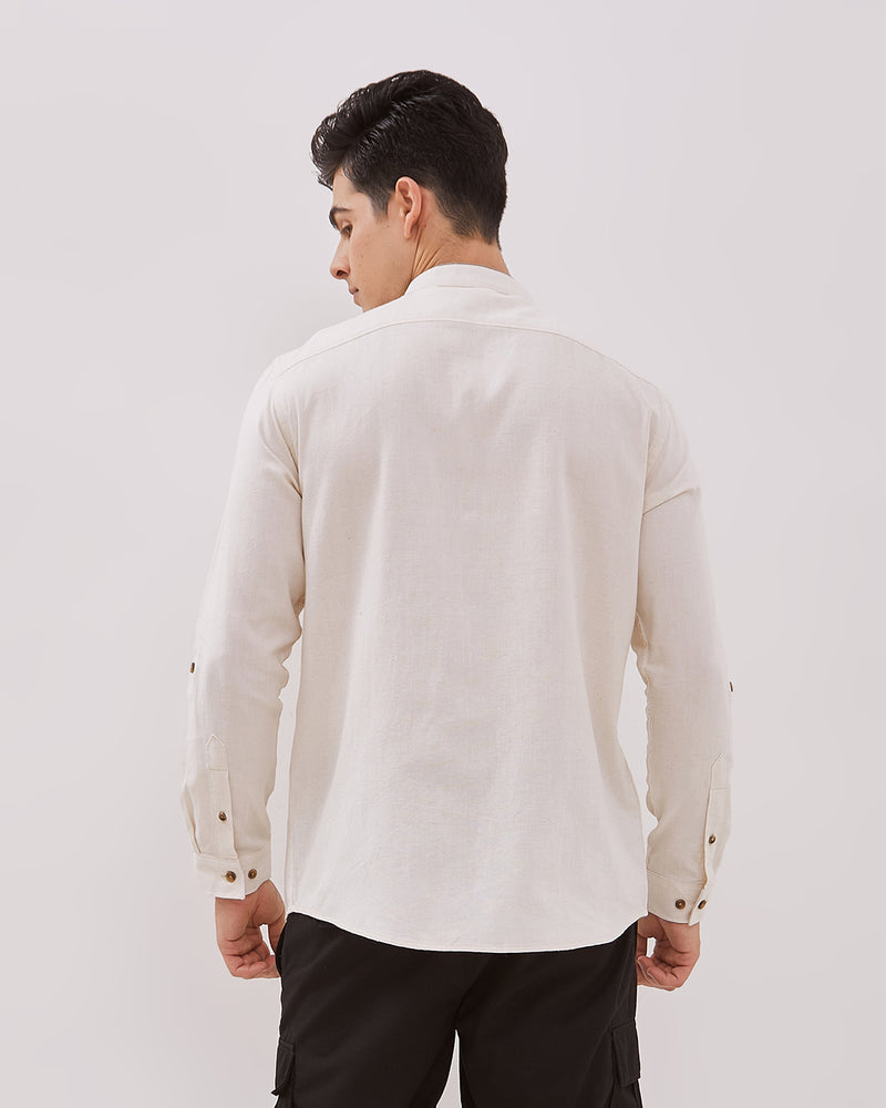 Shanghai Collar Cream Long Sleeved Regular Shirt