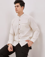 Shanghai Collar Cream Long Sleeved Regular Shirt