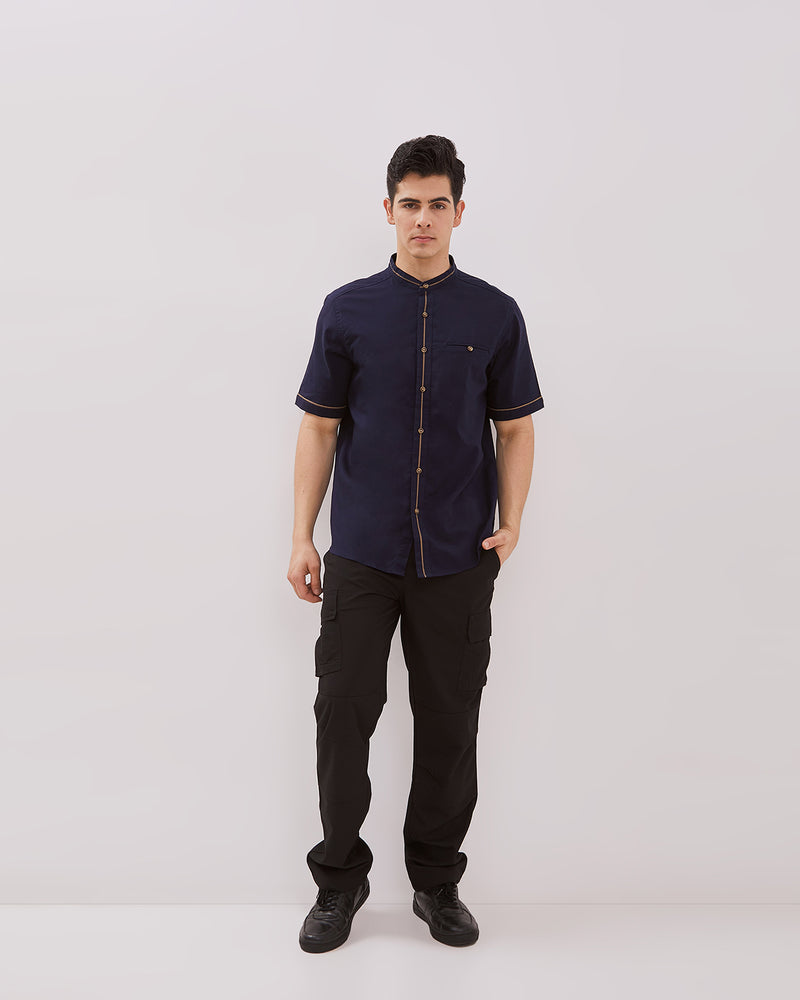 Contrast List Navy Short Sleeved Regular Shirt