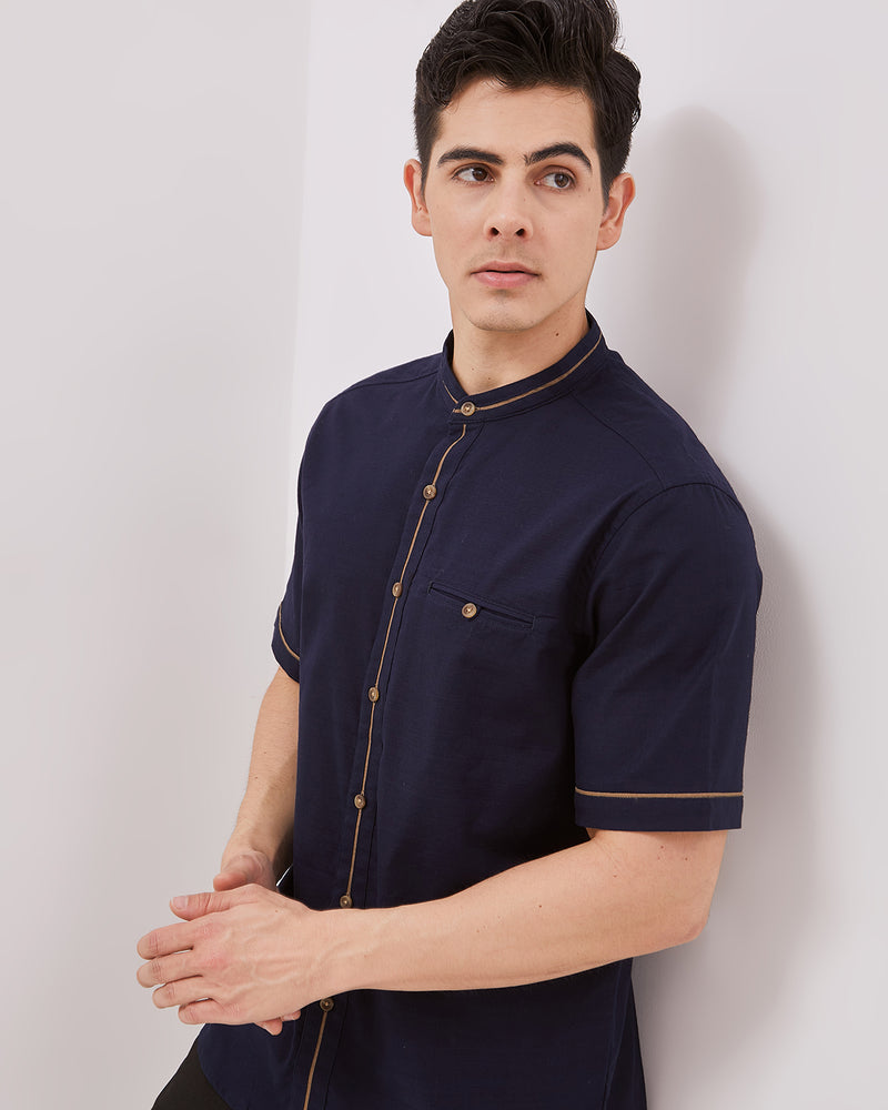 Contrast List Navy Short Sleeved Regular Shirt