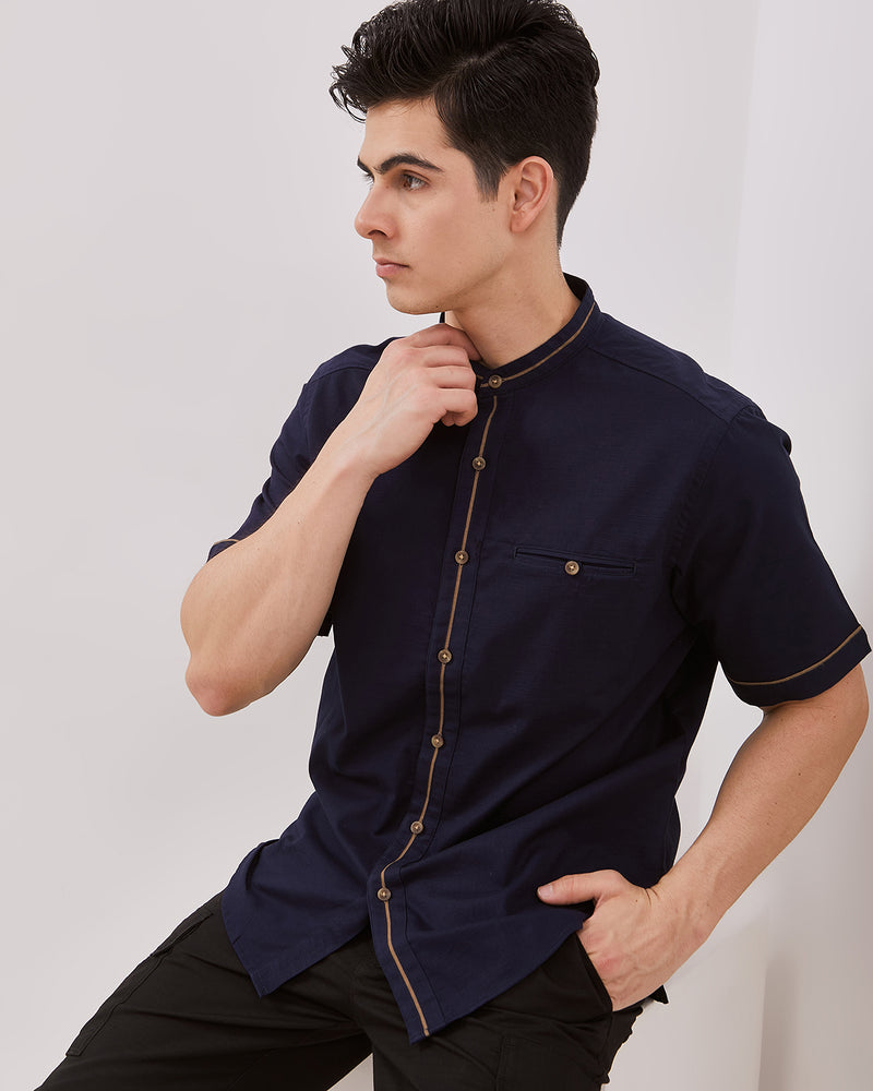 Contrast List Navy Short Sleeved Regular Shirt