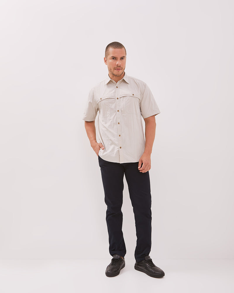 Men's Short-Sleeved Regular Shirt Double Pocket Nylon Cream