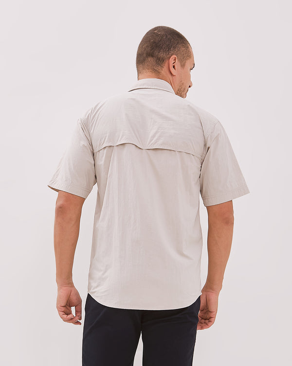 Men's Short-Sleeved Regular Shirt Double Pocket Nylon Cream