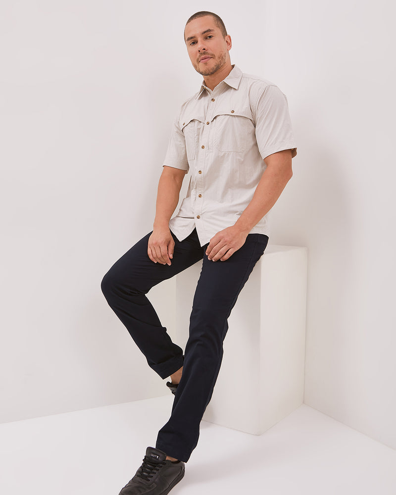 Men's Short-Sleeved Regular Shirt Double Pocket Nylon Cream
