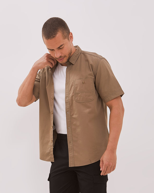Men's Brown Tonal Stitch Short Sleeve Regular Shirt