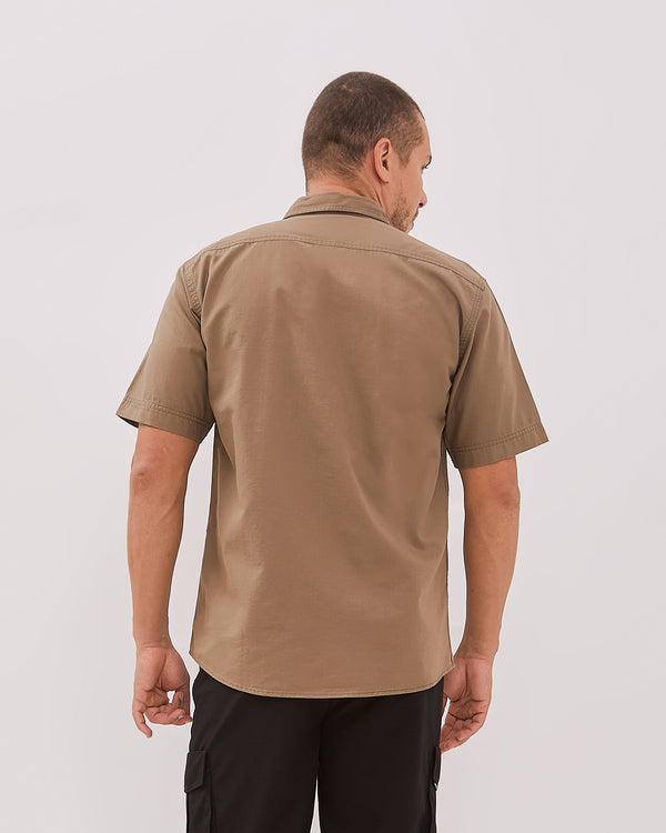 Men's Brown Tonal Stitch Short Sleeve Regular Shirt
