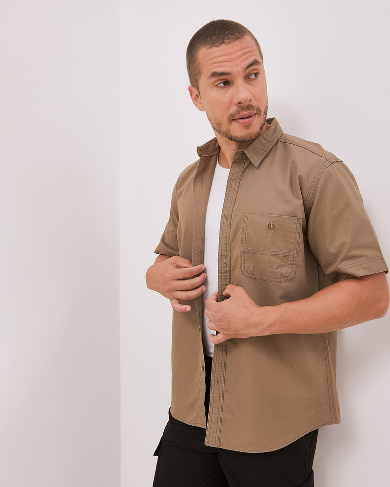 Men's Brown Tonal Stitch Short Sleeve Regular Shirt