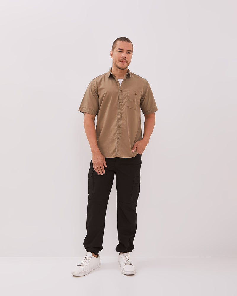 Men's Brown Tonal Stitch Short Sleeve Regular Shirt