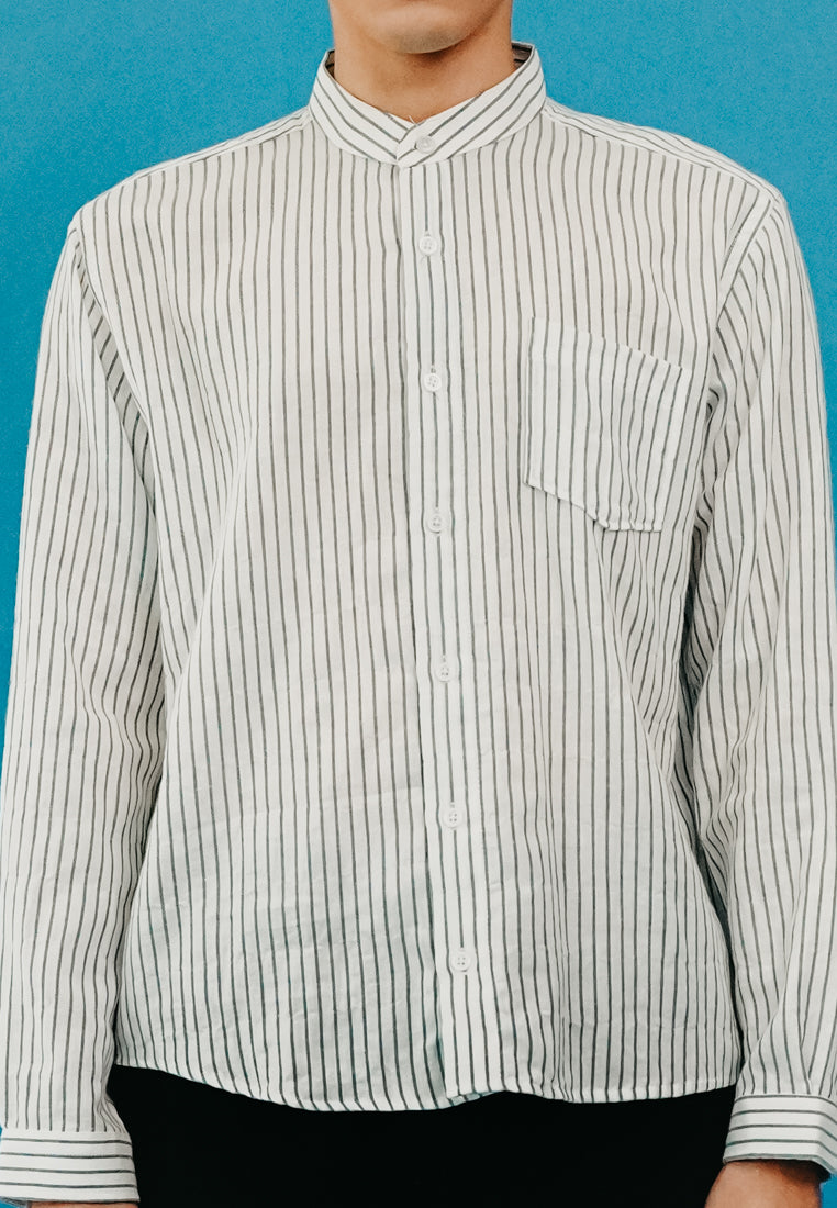 White Stripe Motif Stand Collar Shirt