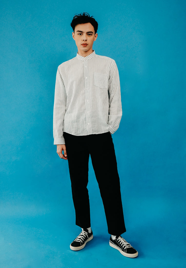 White Stripe Motif Stand Collar Shirt
